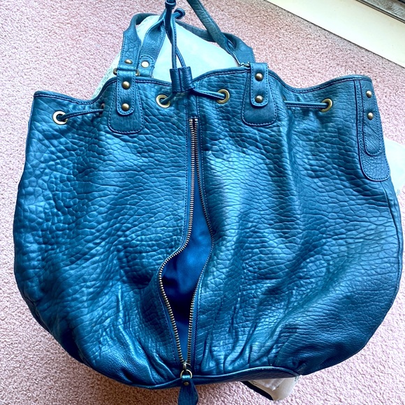 Nordstrom’s all weather sturdy leather, teal colored extra large tote handbag. - Picture 3 of 11